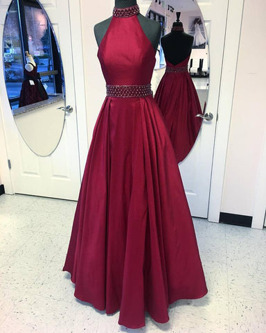Burgundy Taffeta Halter High Neck 2017 Prom Dress