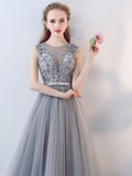 A-Line Appliques Bowknot Pearls Sashes Jewel Floor-Length Evening Dress
