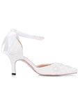 Sweet Lace Upper Pointed Toe Stiletto Heels Wedding/ Bridal Party Shoes With Ribbon & Pearls