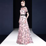 Pink Short Sleeves 3D Flowers A Line Round Neck Prom Dress