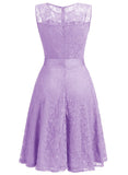 Pink Floral Lace Dress Short Bridesmaid Dresses with Sheer Neckline