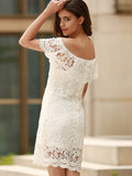 White Off The Shoulder Flounce Ruffles Boat Neck Lace Dress