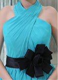 Chiffon Halter Neckline Knee-length A-line Cocktail Dresses With Handmade Flowers & Belt