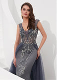 Tulle V-neck Beading Navy Floor-length A-line Evening Dress