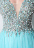 Blue Fantastic Tulle V-neck Neckline Exposed Back A-Line Prom Dresses