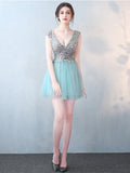 Mint V-Neck Beading Crystal Cocktail Dress