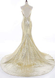 Sequins Mermaid Prom Dress Spaghetti Straps V Neck Backless Gowns