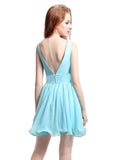 Chic Chiffon V-neck Neckline Sleeveless Short-length A-line Homecoming Dresses With Pleats & Beadings