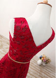 Red Fabulous Lace V-neck Neckline A-Line Prom Dresses