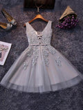 A-Line Gray Straps Tulle Applique Short/Mini Homecoming Dress