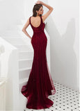 Lace V-neck Burgundy Sequin Mermaid Evening Dress