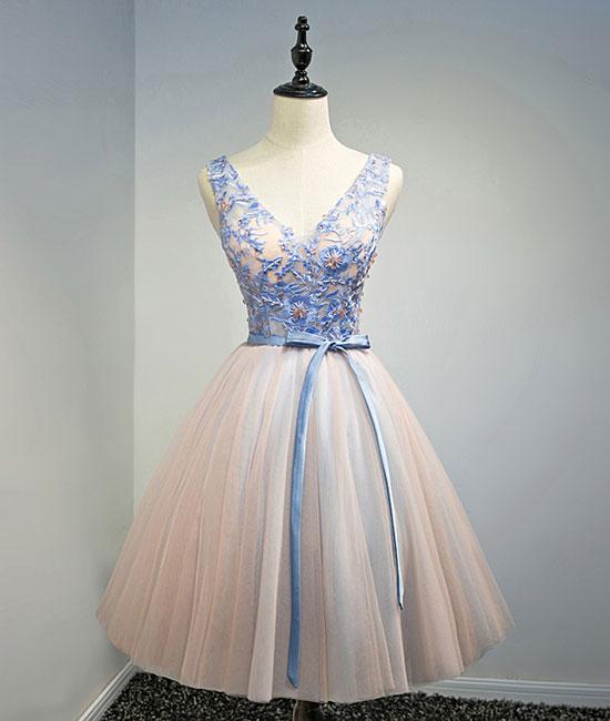 Blue Pink V Neck Tulle Lace Applique Short Prom Homecoming Dress 2018 US8 / Black Blue Pink V Neck Tulle Lace Applique Short Prom Homecoming Dress 2018 US8 / Black