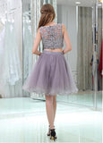 Tulle Bateau Neckline Knee-length A-line Two-piece Homecoming Dresses With Beaded Lace Appliques