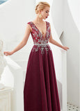 Burgundy Beautiful Tulle V-neck A-line Formal & Evening Dress