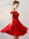 Off-the-Shoulder Appliques Pearls Sashes Red Homecoming Dress
