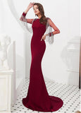 Satin Bateau Burgundy Long Sleeve Mermaid Evening Dress