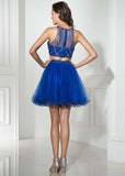 Unique Tulle Jewel Neckline A-Line Two-piece Short Homecoming Dresses With Beadings