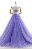 Appliques Long Purple Tulle Lace Prom Dress With Belt
