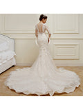 Lace Appliques Long Sleeves Long Train Mermaid Wedding Dress