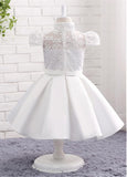 Modest Lace & Satin High Collar Neckline Ball Gown Flower Girl Dresses With Bowknot