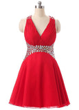 Red Fashionable Chiffon V-Neck A-Line Short Homecoming Dresses With Rhinestones
