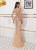 Tulle V-neck Beading Champagne Mermaid Evening Dress