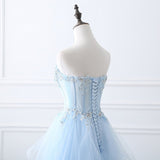 Ice Blue Lace Up Tulle Beaded Long Evening Prom Dresses