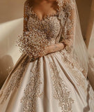 Long Sleeves Beading Appliques Sweep Train Luxury A Line Wedding Dress