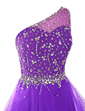 Short One Shoulder Prom Dresses Tulle Homecoming Dress with Beads