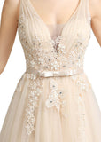 Junoesque Tulle V-neck Neckline A-line Evening Dresses With Bowknot