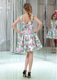 Floral Cloth V-neck Neckline Short Length A-line Homecoming Dresses With Beadings