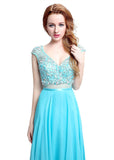 Graceful Chiffon & Tulle V-neck Neckline See-through A-line Prom Dresses With Beadings