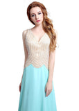 Gorgeous Chiffon V-neck Neckline Natural Waistline A-line Prom Dresses With Beadings