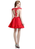 Stunning Satin & Tulle Jewel Neckline Cap Sleeves Short A-line Homecoming Dresses With Lace Appliques