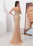 Tulle V-neck Gold Mermaid Evening Dress With Rhinestones