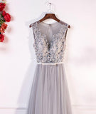 GRAY ROUND NECK LACE TULLE LONG PROM DRESS, GRAY EVENING DRESS