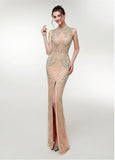 Champagne Jewel Beading Long Slit Mermaid Prom Dress