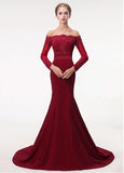 Satin Off-the-shoulder Beading Red Mermaid Evening Dress With Belt
