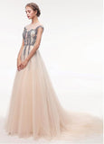 Tulle Jewel Champagne Appliques See Through Prom Dress With Beadings