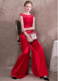 Jumpsuit Acetate Satin & Lace Jewel Red Evening Dress
