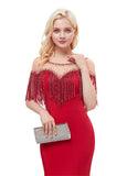 Satin Bateau Short Sleeve Red Beading Mermaid Evening Dress
