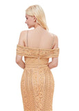 Lace Spaghetti Straps Gold Long Mermaid Evening Dress