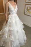 Ivory V Neck Lace Applique Tulle Bridal Wedding Dress