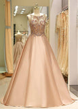 Satin Jewel Beading Long Pink A-line Prom Dress