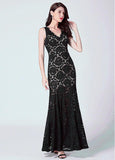 Lace V-neck Red Long Mermaid Evening Dress