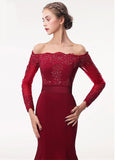 Satin Off-the-shoulder Beading Red Mermaid Evening Dress With Belt