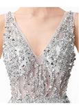 Tulle V-neck Gray Beading Backless A-line Prom Dress With Beadings