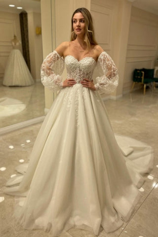 Tulle Sweetheart Puffy Sleeves Beading A Line Wedding Dress