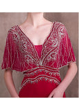 Satin V-neck Burgundy Mermaid Evening Dress With Beadings