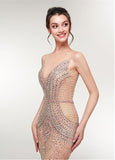 Jewel Sheer Long Beading Champagne Mermaid Evening Dress
